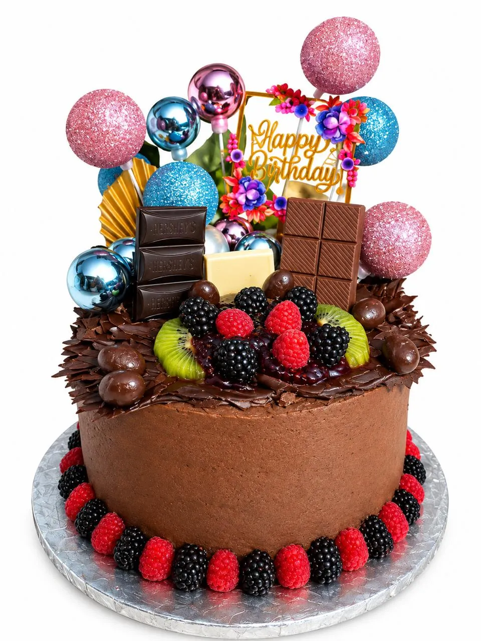 Chocolate celebration cake with berries, kiwi and party toppers